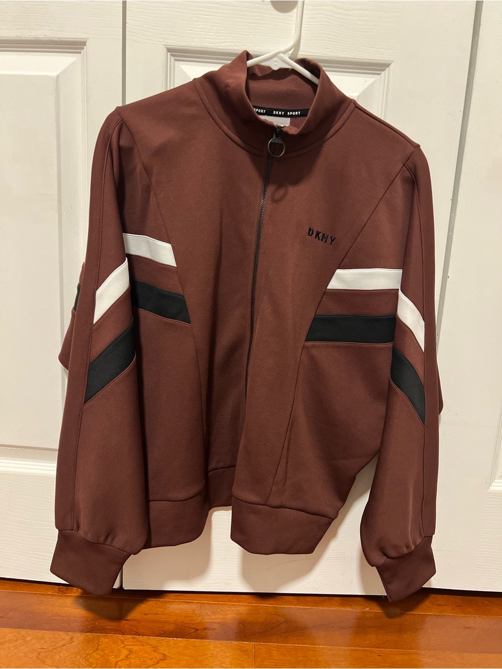 Dkny Brown Performance Track Jacket with Black & White Stripes